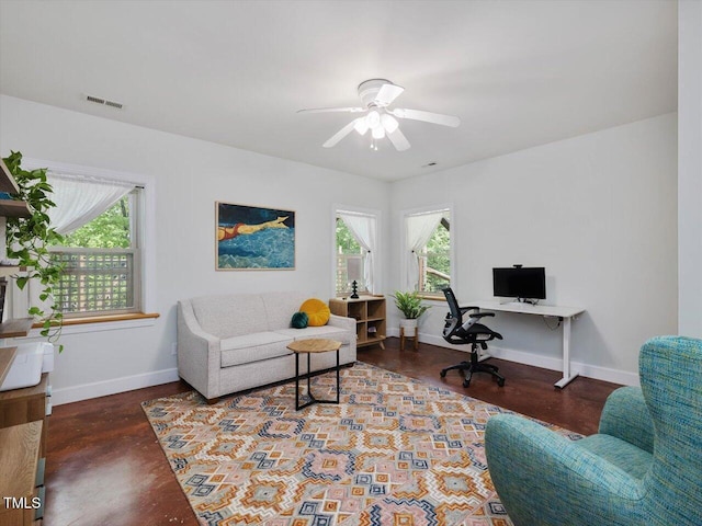office area with a ceiling fan, baseboards, visible vents, and a healthy amount of sunlight