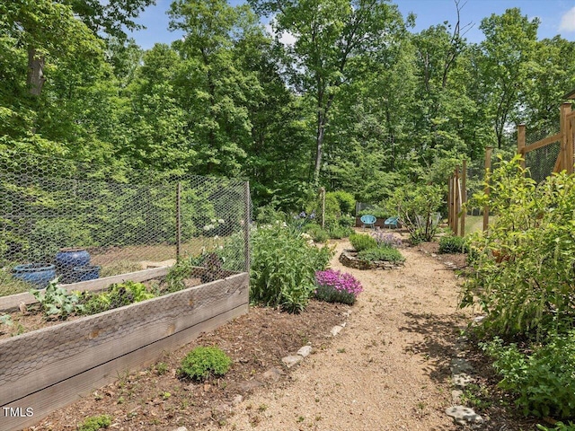 view of yard featuring fence and a garden