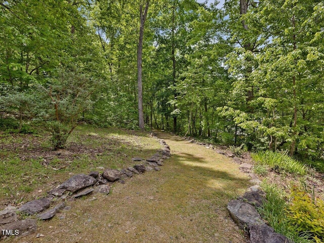 view of yard with a forest view