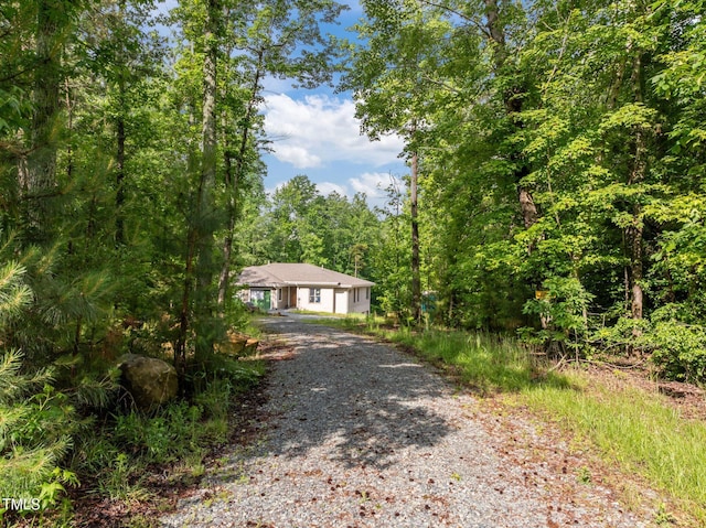 view of front of property featuring a wooded view, driveway, and a carport