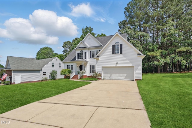 view of front facade featuring a garage, roof with shingles, concrete driveway, and a front lawn