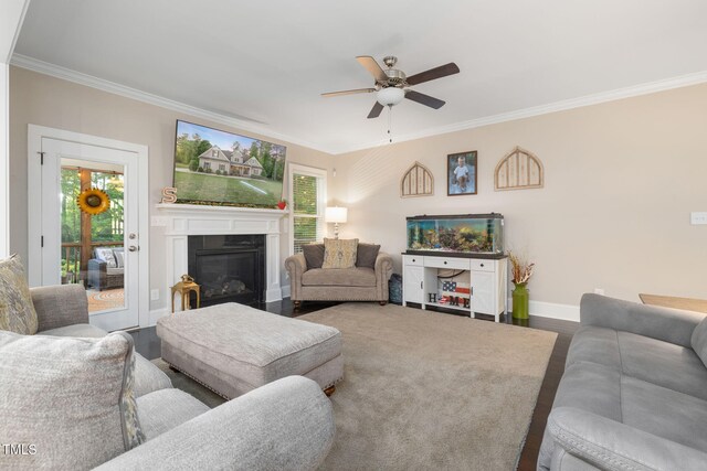175 Lockamy Ln, Youngsville, NC 27596 - living area with crown molding, baseboards, a premium fireplace, plenty of natural light, and ceiling fan