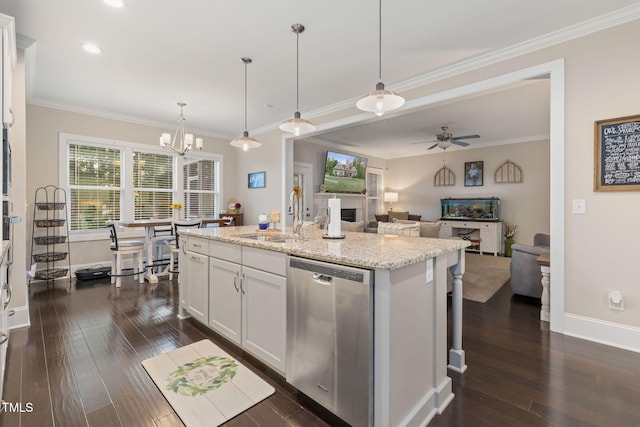 175 Lockamy Ln, Youngsville, NC 27596 - kitchen with dishwasher, a sink, a ceiling fan, white cabinets, and light stone counters