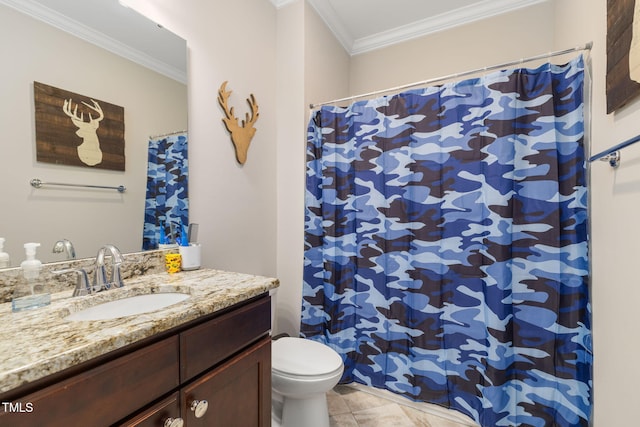 175 Lockamy Ln, Youngsville, NC 27596 - bathroom featuring ornamental molding, vanity, toilet, and curtained shower