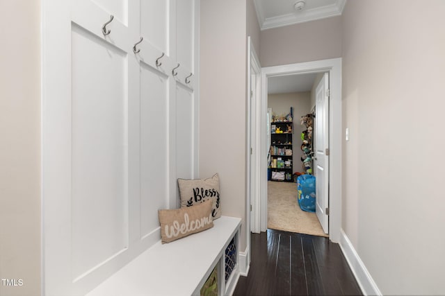 175 Lockamy Ln, Youngsville, NC 27596 - mudroom featuring ornamental molding, dark wood-style flooring, and baseboards