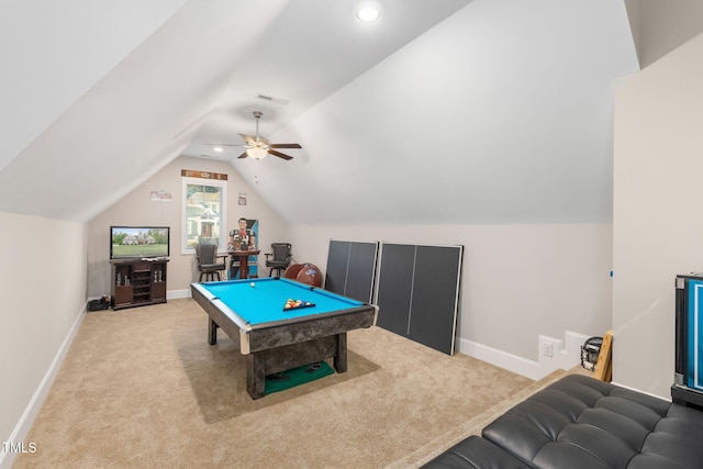 175 Lockamy Ln, Youngsville, NC 27596 - playroom with light colored carpet, vaulted ceiling, billiards, baseboards, and a ceiling fan