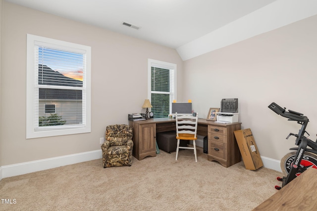 175 Lockamy Ln, Youngsville, NC 27596 - office area featuring light carpet, baseboards, and vaulted ceiling