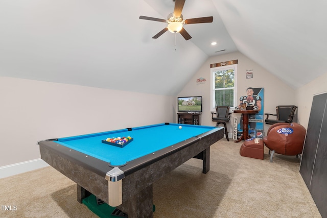 175 Lockamy Ln, Youngsville, NC 27596 - recreation room featuring billiards table, carpet, vaulted ceiling, a ceiling fan, and recessed lighting
