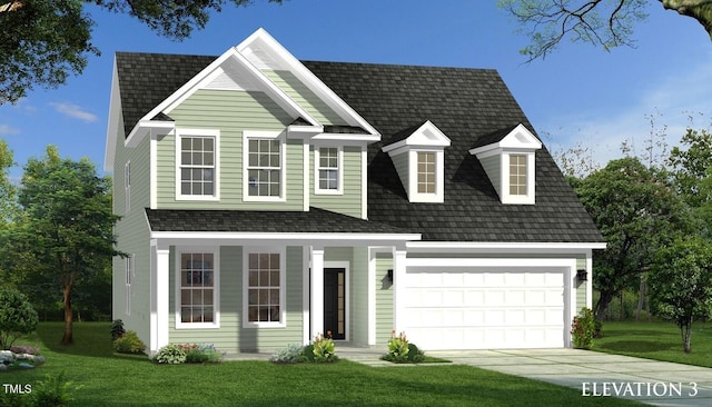 traditional home featuring a shingled roof, a porch, a front lawn, and driveway