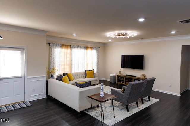 428 Parlier Dr, Apex, NC 27523 - living area featuring crown molding, dark wood-style flooring, visible vents, and recessed lighting