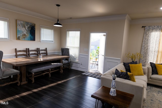 428 Parlier Dr, Apex, NC 27523 - dining space with ornamental molding, dark wood finished floors, and a wainscoted wall