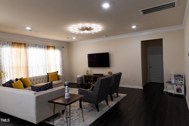 428 Parlier Dr, Apex, NC 27523 - living area with visible vents, crown molding, baseboards, dark wood-style floors, and recessed lighting