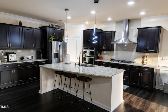 428 Parlier Dr, Apex, NC 27523 - kitchen featuring a sink, ornamental molding, stainless steel appliances, and wall chimney exhaust hood
