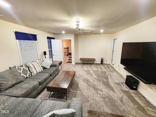 428 Parlier Dr, Apex, NC 27523 - living room featuring carpet flooring, recessed lighting, baseboards, and visible vents