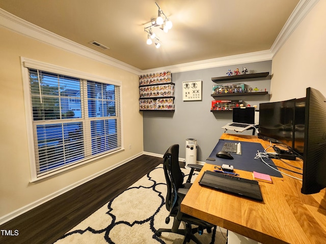 428 Parlier Dr, Apex, NC 27523 - office with visible vents, baseboards, crown molding, and wood finished floors