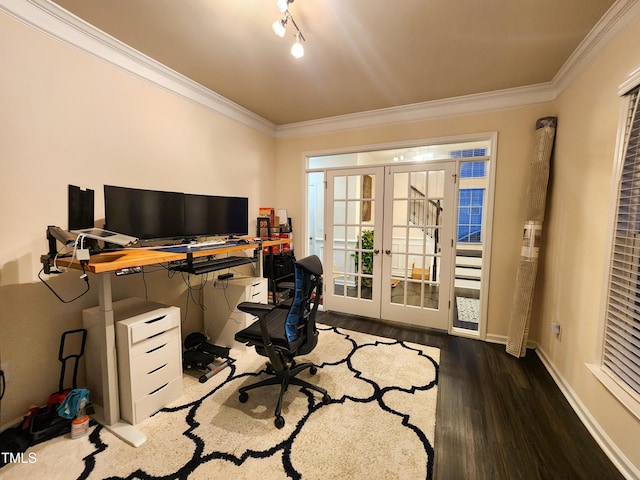 428 Parlier Dr, Apex, NC 27523 - home office featuring crown molding, rail lighting, french doors, and wood finished floors