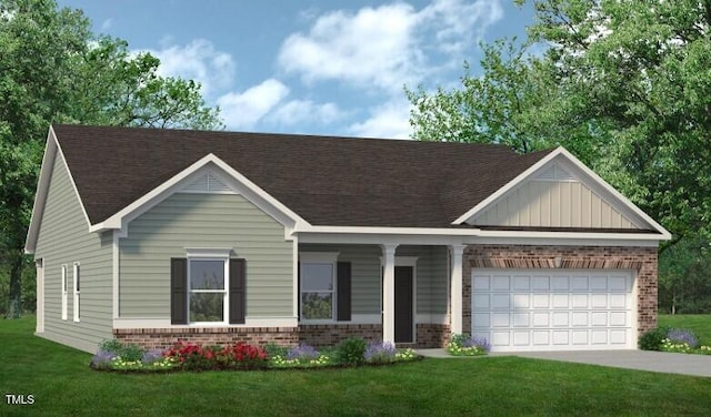 view of front of home featuring a front lawn, concrete driveway, brick siding, and a garage
