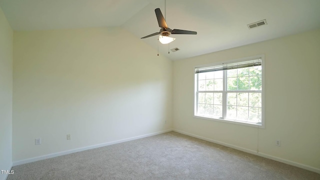 4024 Claret Ln, Morrisville, NC 27560 - carpeted spare room with a ceiling fan, baseboards, visible vents, and vaulted ceiling
