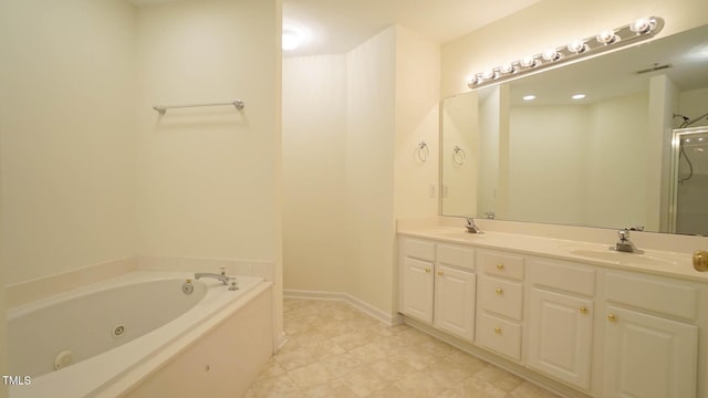 4024 Claret Ln, Morrisville, NC 27560 - full bathroom featuring a sink, double vanity, a whirlpool tub, a shower, and visible vents