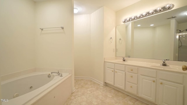 4024 Claret Ln, Morrisville, NC 27560 - bathroom featuring double vanity, walk in shower, a tub with jets, and a sink
