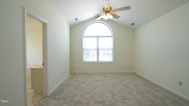 4024 Claret Ln, Morrisville, NC 27560 - empty room featuring light colored carpet, ceiling fan, visible vents, and lofted ceiling