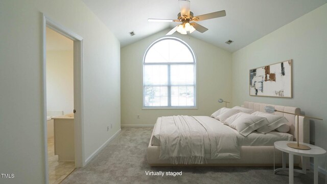 4024 Claret Ln, Morrisville, NC 27560 - bedroom featuring carpet flooring, ceiling fan, visible vents, and vaulted ceiling