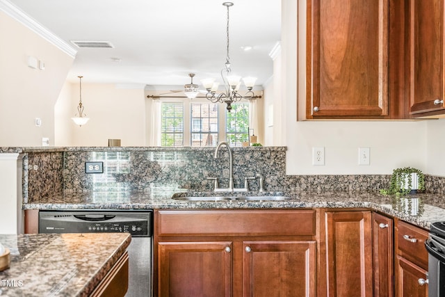 kitchen with dishwasher, ornamental molding, a sink, a chandelier, and dark stone counters