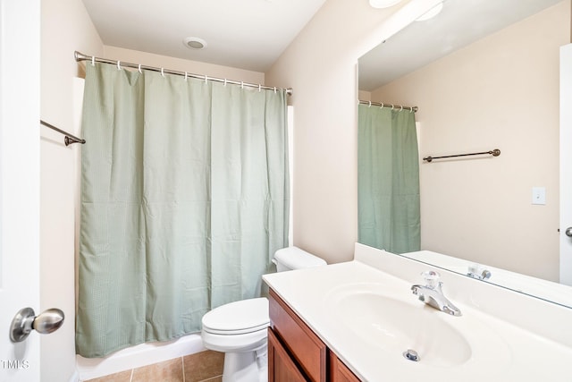 full bath with toilet, vanity, tile patterned flooring, and a shower with shower curtain