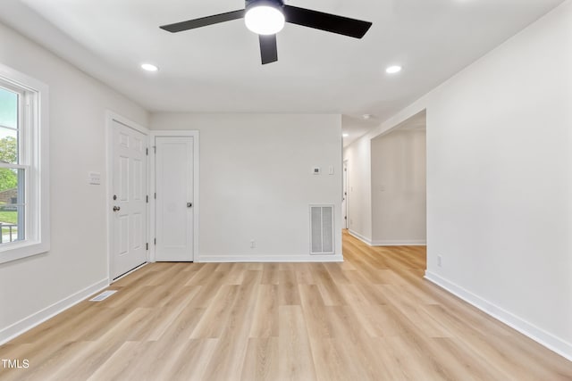 2311 Wintergreen Pl, Durham, NC 27707 - interior space with visible vents, a ceiling fan, light wood finished floors, and recessed lighting