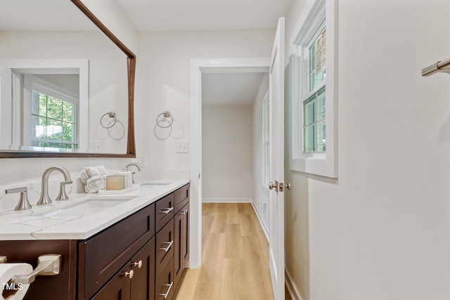 2311 Wintergreen Pl, Durham, NC 27707 - bathroom featuring double vanity, baseboards, a sink, and wood finished floors