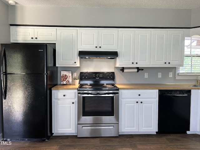 kitchen featuring dark wood finished floors, white cabinetry, under cabinet range hood, and black appliances