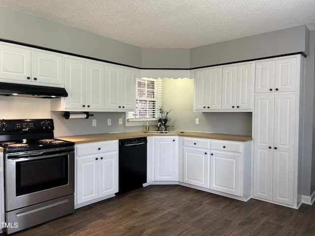 kitchen featuring black dishwasher, under cabinet range hood, dark wood-style floors, and stainless steel range with electric cooktop