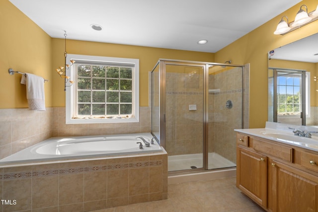 1420 Norwood Crest Ct, Raleigh, NC 27614 - full bathroom with tile patterned floors, vanity, a bath, a stall shower, and recessed lighting