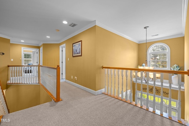 1420 Norwood Crest Ct, Raleigh, NC 27614 - hall with an upstairs landing, carpet floors, recessed lighting, baseboards, and ornamental molding