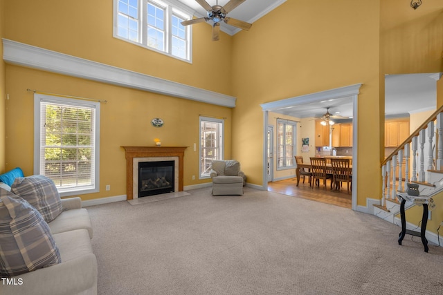 1420 Norwood Crest Ct, Raleigh, NC 27614 - carpeted living room with ceiling fan, a high ceiling, plenty of natural light, a fireplace with flush hearth, and crown molding