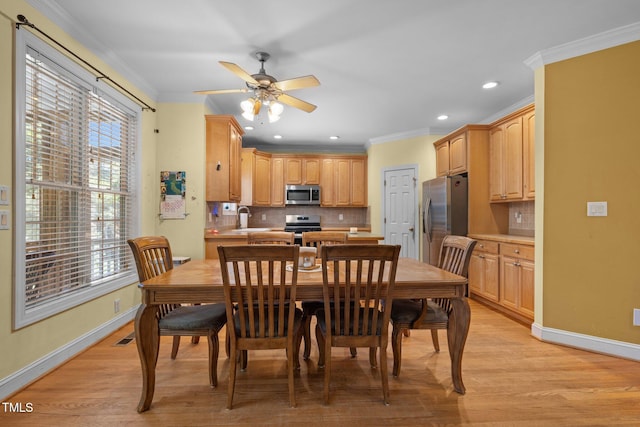 1420 Norwood Crest Ct, Raleigh, NC 27614 - dining area with baseboards, ceiling fan, light wood finished floors, ornamental molding, and recessed lighting