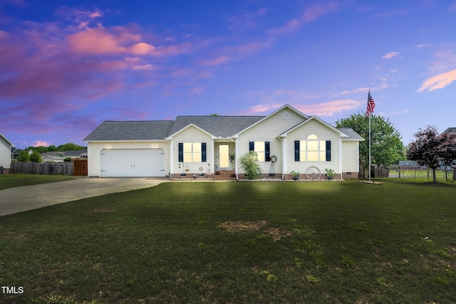 ranch-style home featuring fence, an attached garage, concrete driveway, and crawl space