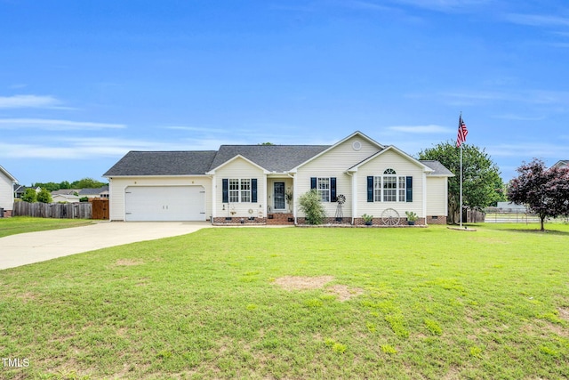 ranch-style house with fence, a garage, driveway, and crawl space