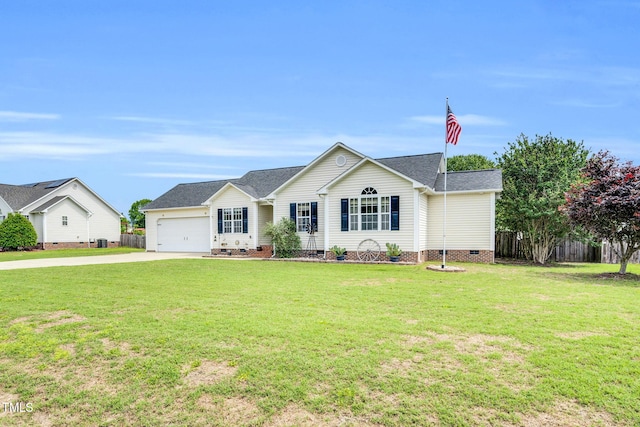 ranch-style home featuring fence, a front lawn, a garage, crawl space, and concrete driveway