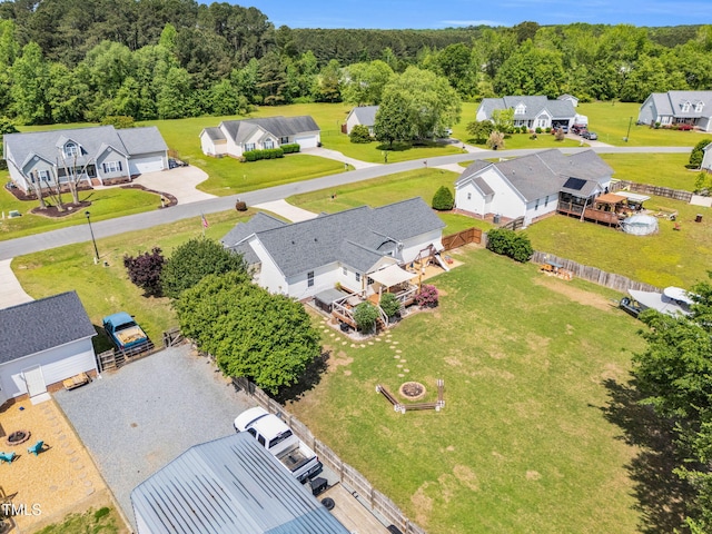 bird's eye view with a residential view and a wooded view