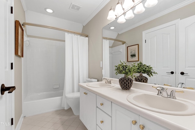 full bath with toilet, tile patterned floors, visible vents, and a sink