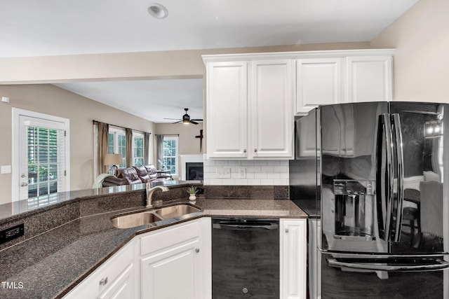 1001 Dairy House Ct, Wake Forest, NC 27587 - kitchen featuring black appliances, a ceiling fan, a sink, decorative backsplash, and white cabinetry