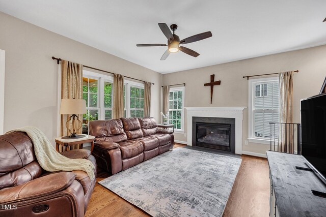1001 Dairy House Ct, Wake Forest, NC 27587 - living room with a ceiling fan, wood finished floors, a fireplace with flush hearth, and baseboards