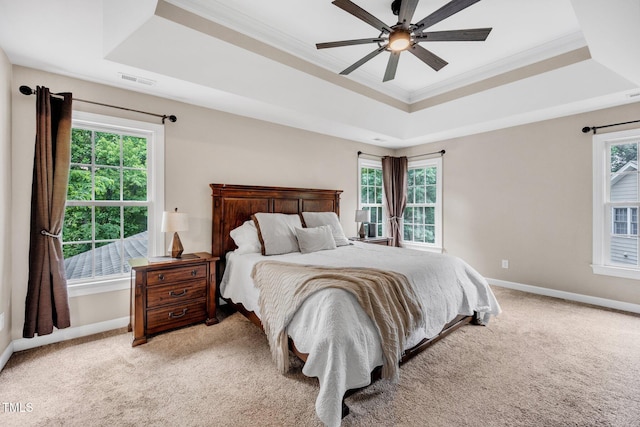 1001 Dairy House Ct, Wake Forest, NC 27587 - bedroom with a raised ceiling, baseboards, ornamental molding, light carpet, and a ceiling fan