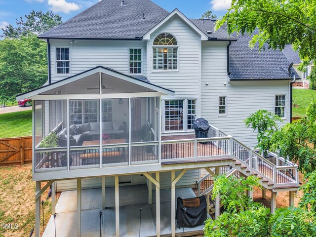 1001 Dairy House Ct, Wake Forest, NC 27587 - back of house featuring roof with shingles, a sunroom, a patio area, and stairs