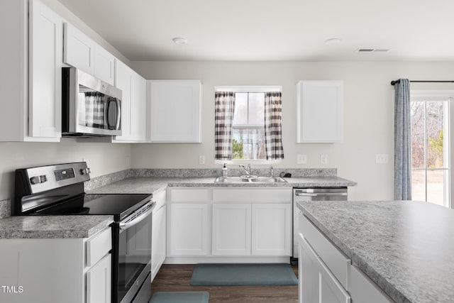 1012 Old Evergreen Dr, Durham, NC 27704 - kitchen with a sink, stainless steel appliances, white cabinetry, visible vents, and dark wood-style floors