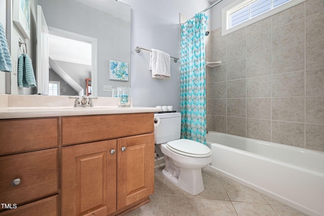 bathroom featuring vanity, shower / tub combo, tile patterned floors, and toilet