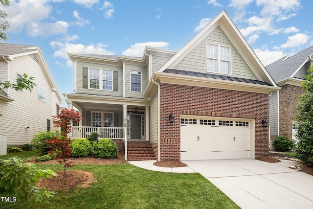 2728 Cameron Pond Dr, Cary, NC 27519 - craftsman house with a porch, brick siding, driveway, an attached garage, and a standing seam roof