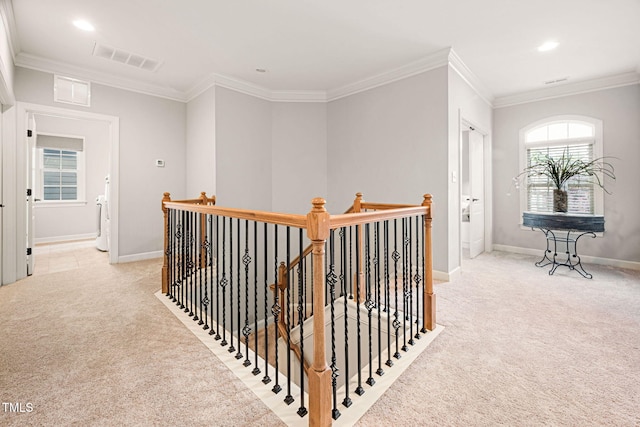 2728 Cameron Pond Dr, Cary, NC 27519 - hall featuring an upstairs landing, carpet, ornamental molding, baseboards, and recessed lighting
