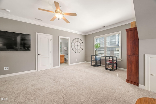 2728 Cameron Pond Dr, Cary, NC 27519 - living room with a ceiling fan, light colored carpet, crown molding, and baseboards